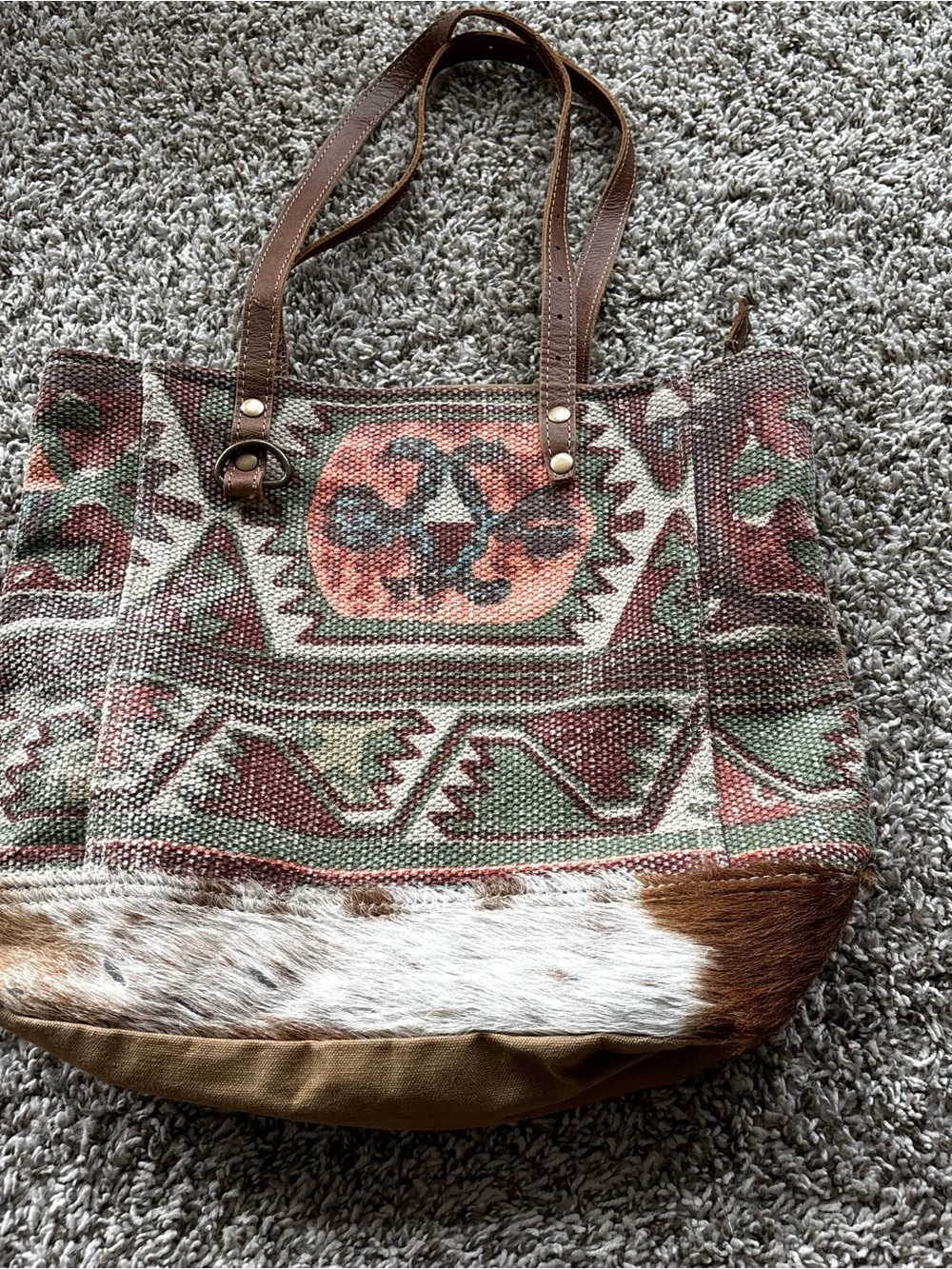 Boho Woven Tribal Tote Bag with Leather Straps - Multicolor Myra bag tote fur